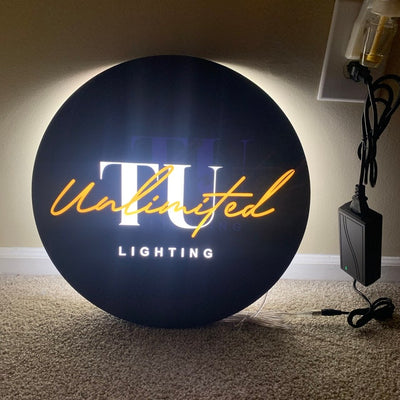 Business Logo Led Metal Sign Hollow Out Stainless Steel Round Lighting Box Customize Office Studio Live Stream Wall Hanging